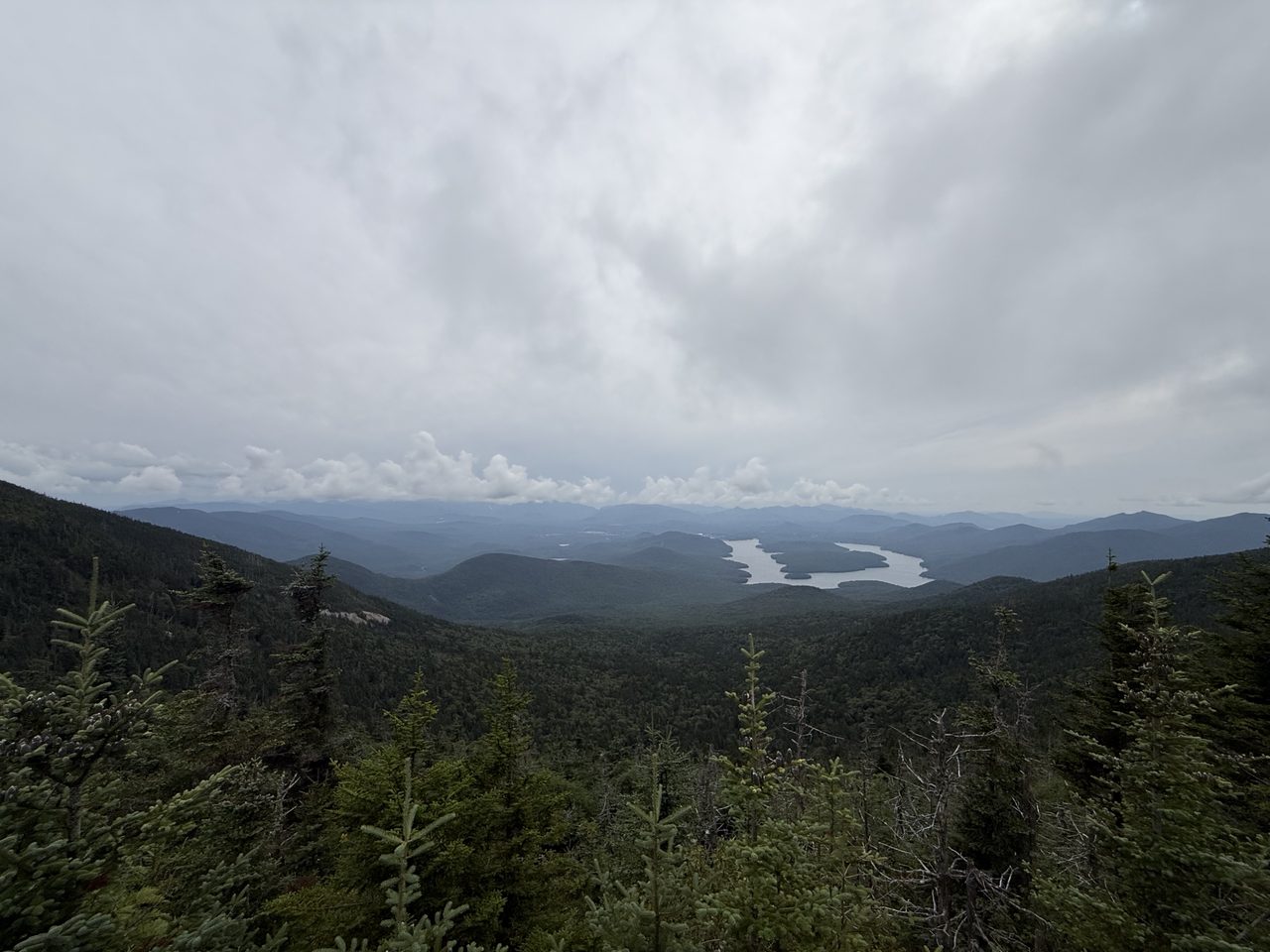 从山坡树线上方远眺普莱西德湖与层叠山脊，天色阴沉