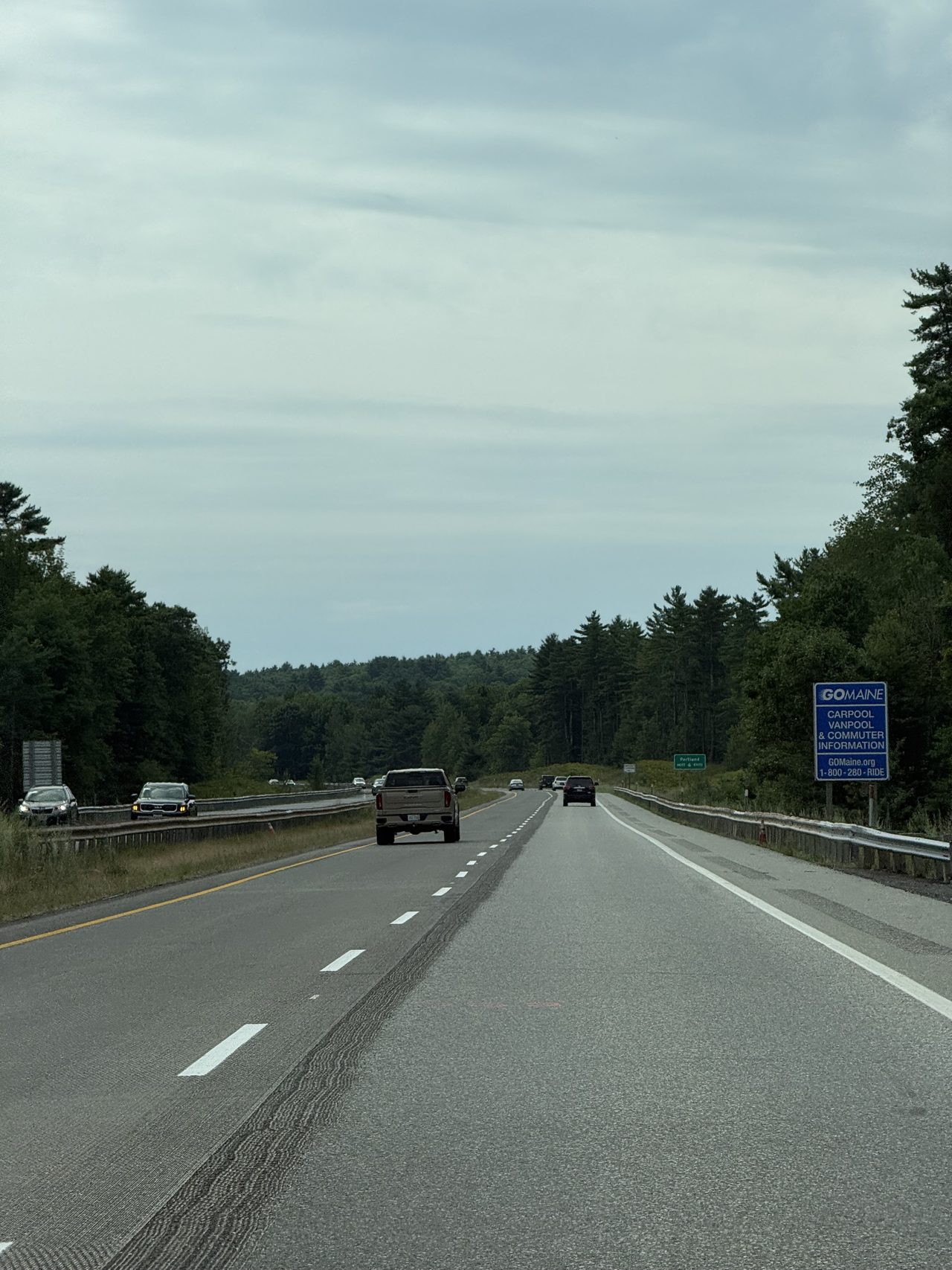 A highway with light traffic between pine forest under an overcast sky.