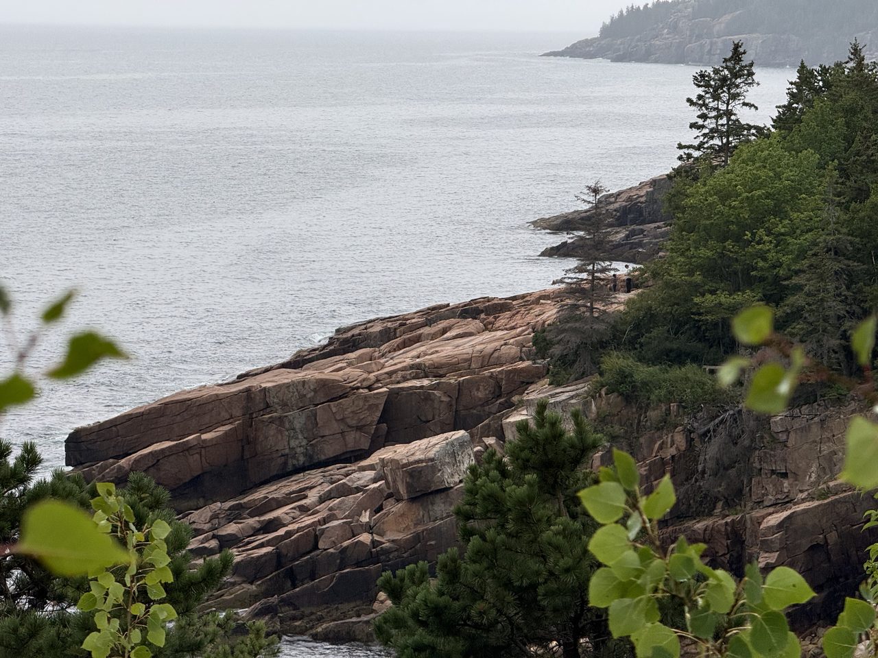 A smiling couple taking a selfie on pink granite rocks above a misty sea.