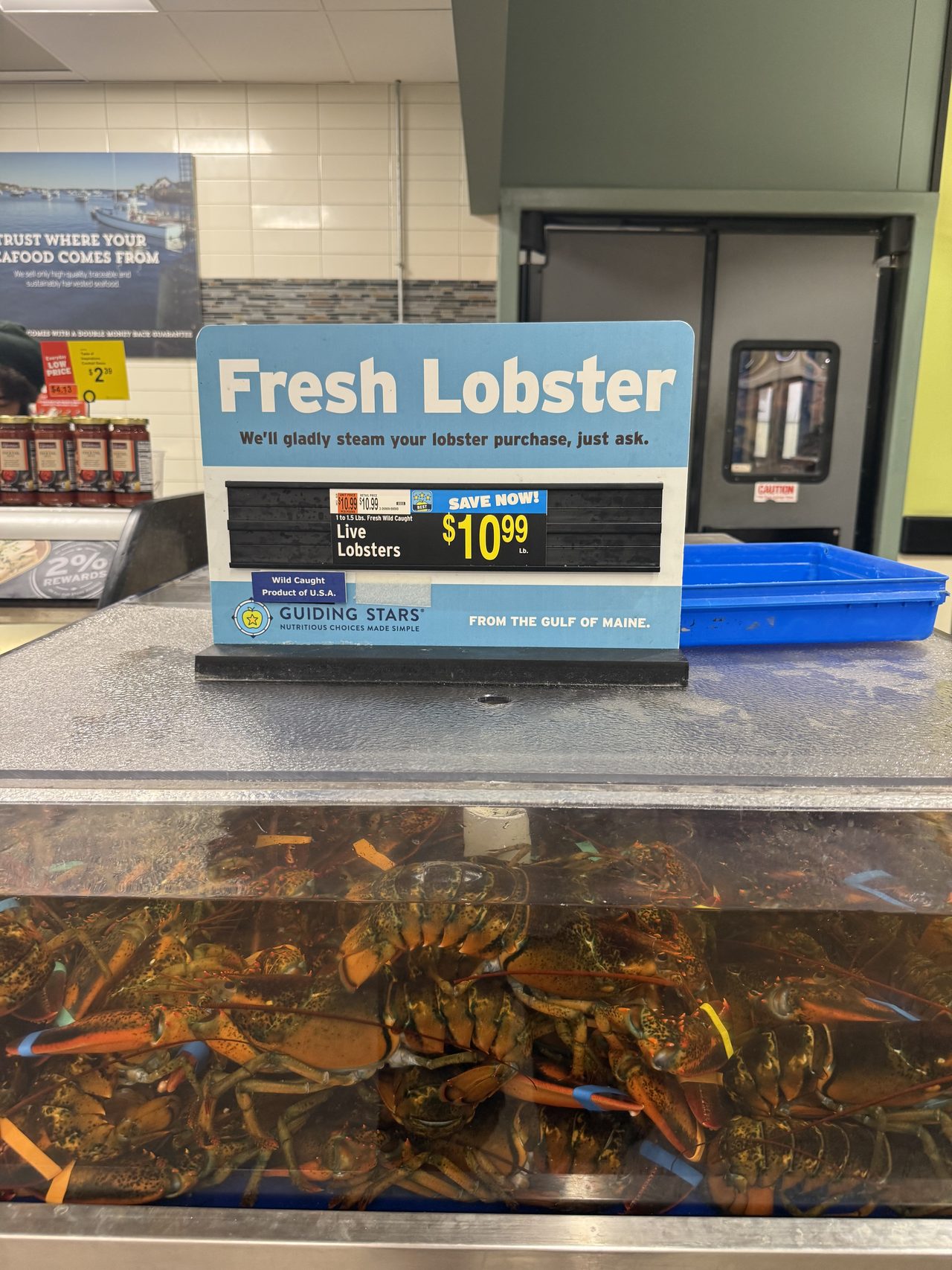 A supermarket lobster tank with a sign reading Fresh Lobster with the live-lobster price.