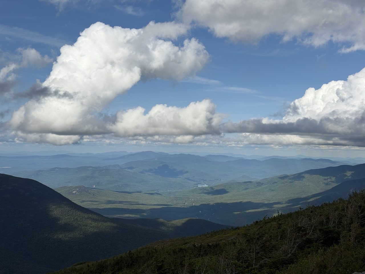 A wide view over forested valleys with cloud shadows and distant blue ridges.