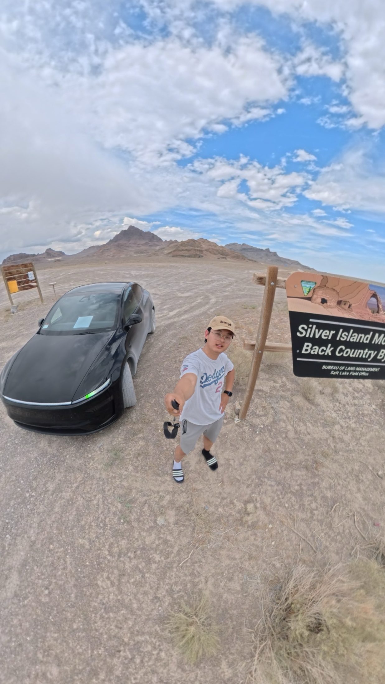 BLM sign for Silver Island Mountains Back Country Byway, Insta360 selfie